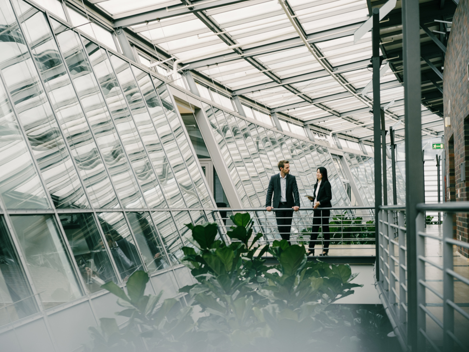 The interior of a modern building with windows with aluminum frames.