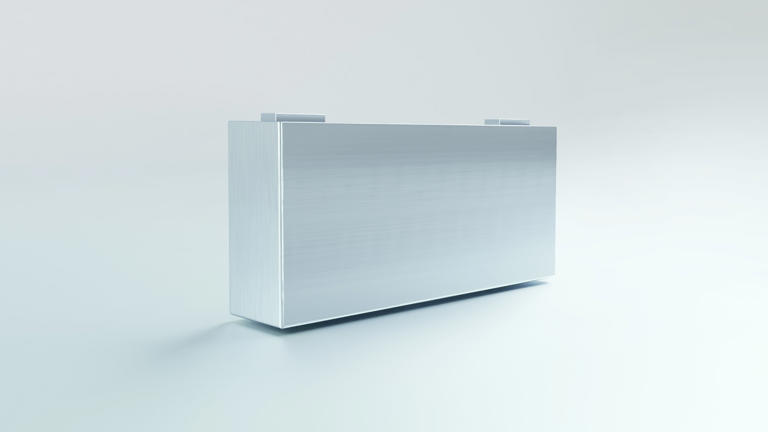 Battery cell in front of a white background.