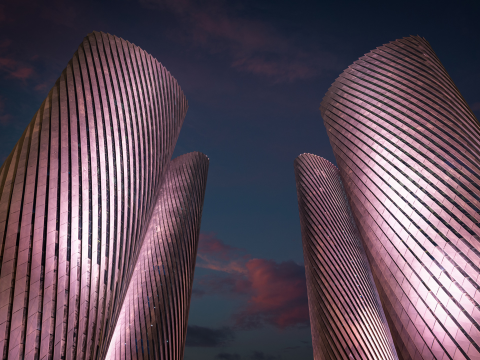 Fasaden på Lusail Towers er laget av Speira-aluminium, belyst om kvelden.