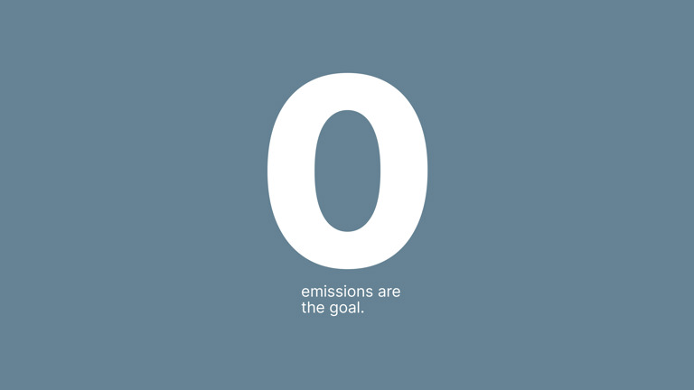“Zero emissions are our goal.” skrevet foran en blå bakgrunn.