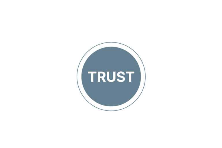 Das Wort „trust“ steht in einem graublauen Kreis.