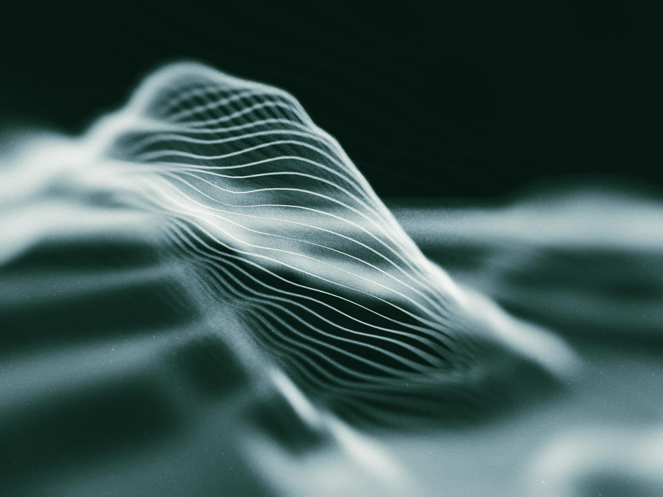 Blaues 3D-Rendering eines hügelförmigen Netzes auf einer schwarzen Fläche.