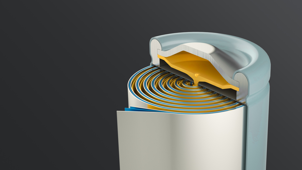 Schematische Darstellung des Inneren einer Batteriezelle.