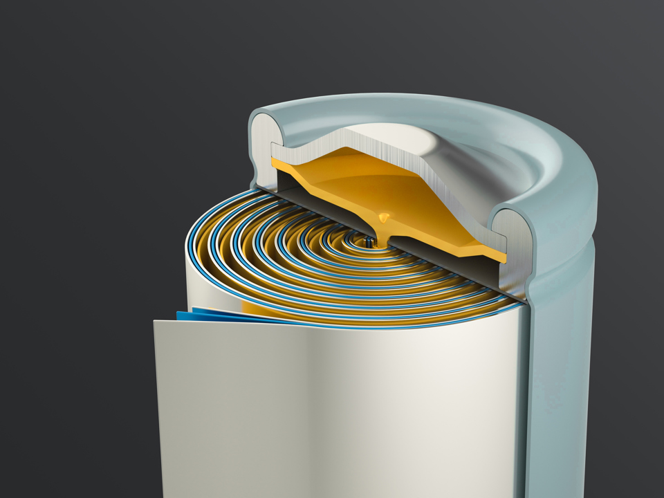 Schematische Darstellung des Inneren einer Batteriezelle.