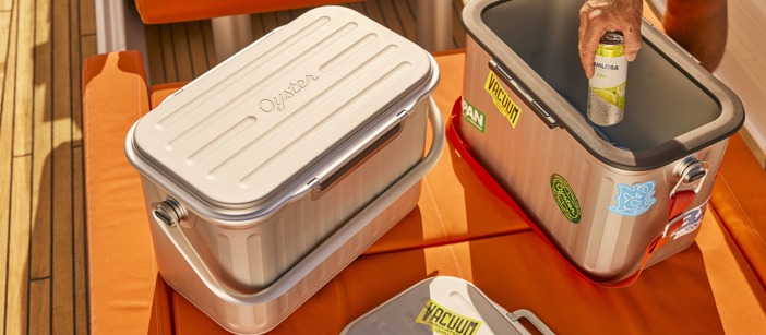 Kühlbox aus Aluminium, die bei einem Picknick verwendet wird.